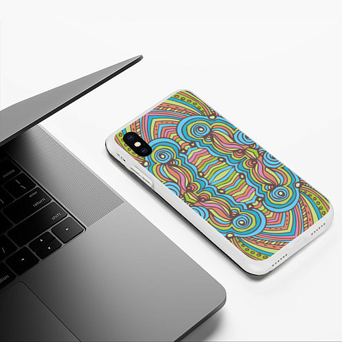 Чехол iPhone XS Max матовый Абстрактный разноцветный узор Линии, волны, полосы / 3D-Белый – фото 3