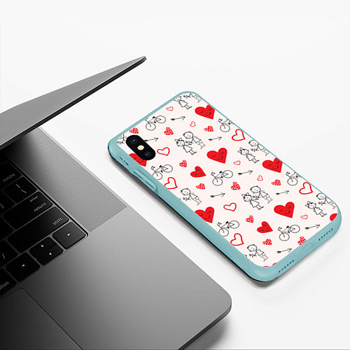 Чехол iPhone XS Max матовый Романтические сердечки / 3D-Мятный – фото 3