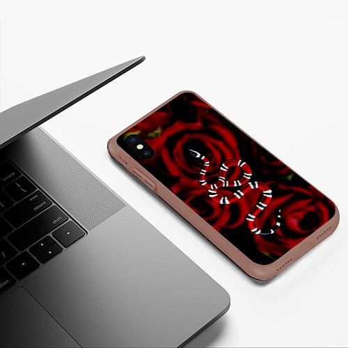 Чехол iPhone XS Max матовый Змея в Цветах Розы Snake Rose / 3D-Коричневый – фото 3