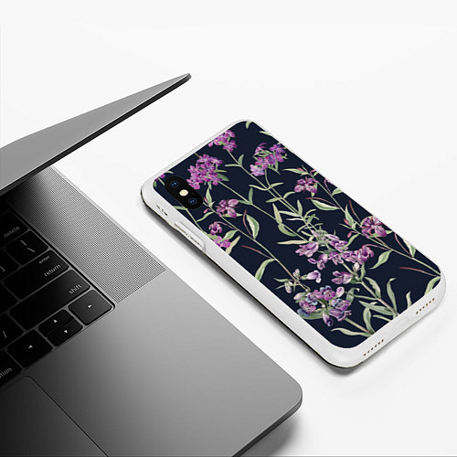 Чехол iPhone XS Max матовый Цветы Фиолетовые / 3D-Белый – фото 3