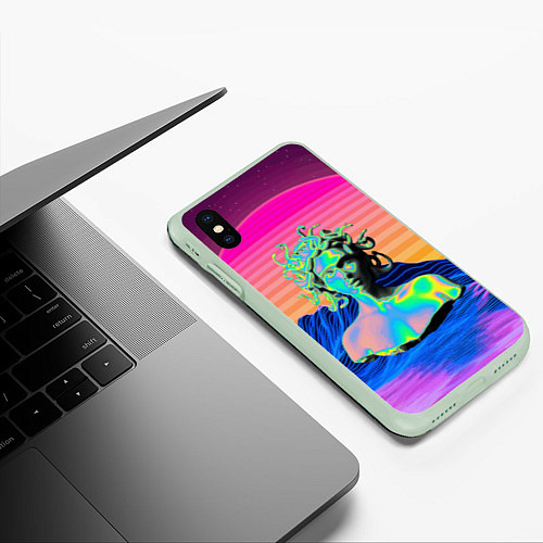 Чехол iPhone XS Max матовый Gorgon Medusa Vaporwave Neon Mountains / 3D-Салатовый – фото 3