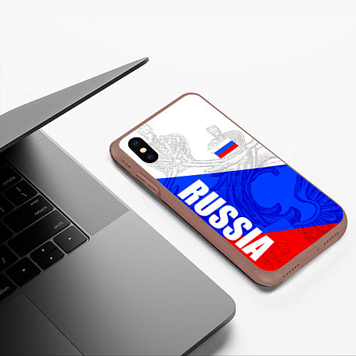 Чехол iPhone XS Max матовый RUSSIA - SPORTWEAR - ТРИКОЛОР / 3D-Коричневый – фото 3