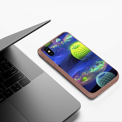 Чехол iPhone XS Max матовый Геометрический фрактальный неоновый паттерн Geomet / 3D-Коричневый – фото 3