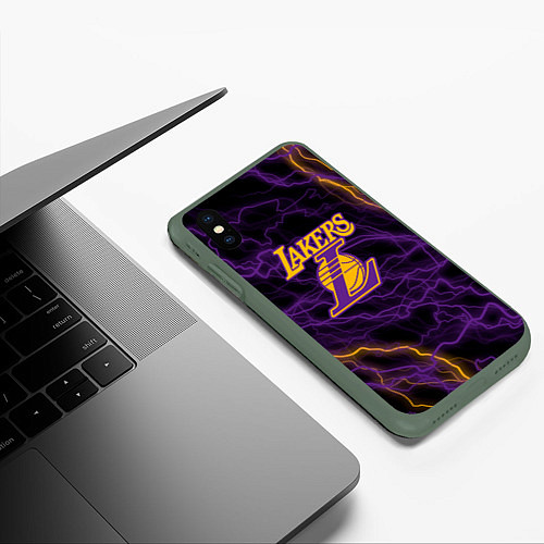 Чехол iPhone XS Max матовый Лейкерс Lakers яркие молнии / 3D-Темно-зеленый – фото 3