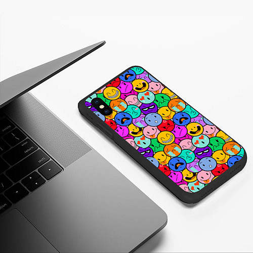 Чехол iPhone XS Max матовый Sticker bombing смайлы маленькие / 3D-Черный – фото 3