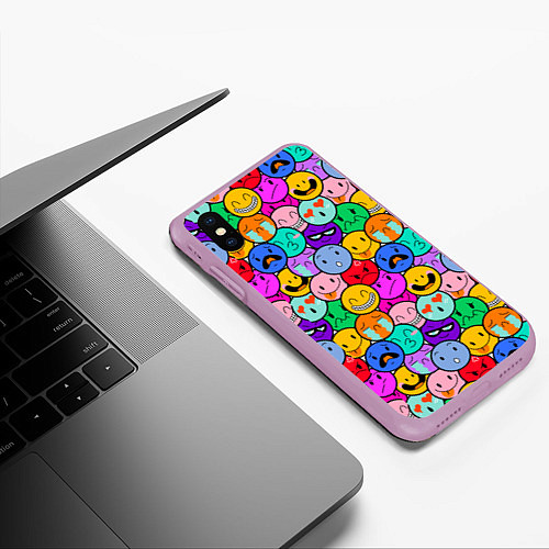 Чехол iPhone XS Max матовый Sticker bombing смайлы маленькие / 3D-Сиреневый – фото 3