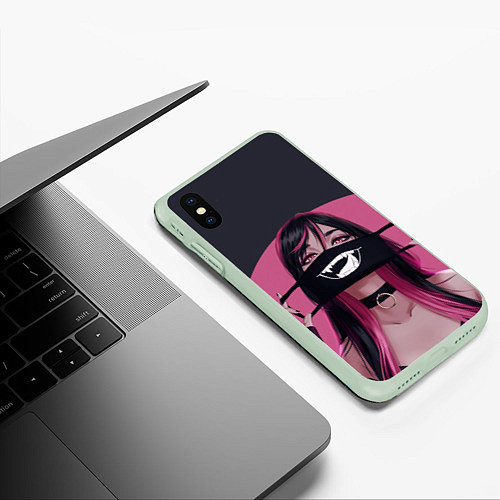 Чехол iPhone XS Max матовый Девушка надевает маску с язычком надпись на японск / 3D-Салатовый – фото 3