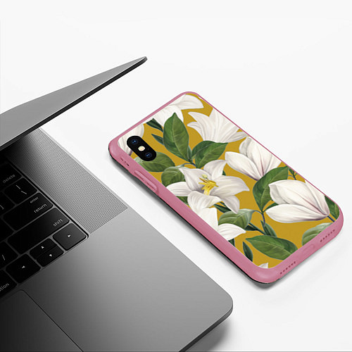 Чехол iPhone XS Max матовый Цветы Белые Лилии / 3D-Малиновый – фото 3