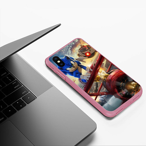 Чехол iPhone XS Max матовый Соник Тейлз и Доктор Эггман / 3D-Малиновый – фото 3