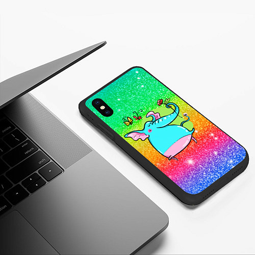 Чехол iPhone XS Max матовый Слоненок с цветочками / 3D-Черный – фото 3