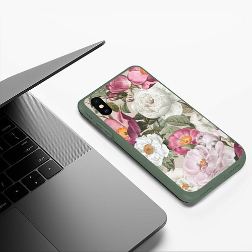 Чехол iPhone XS Max матовый Цветы Розовый Сад Пион и Роз / 3D-Темно-зеленый – фото 3