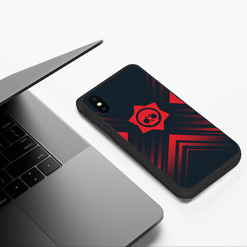 Чехол iPhone XS Max матовый Красный Символ Brawl Stars на темном фоне со стрел / 3D-Черный – фото 3