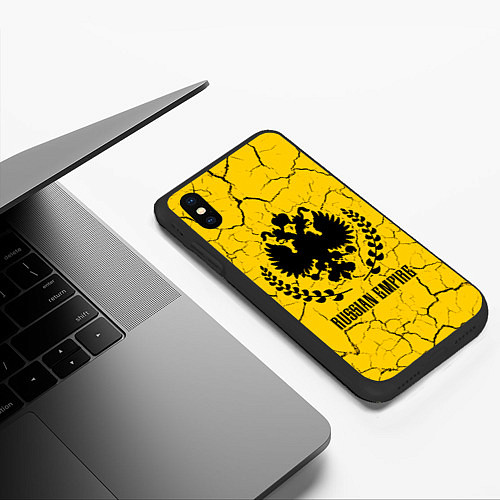 Чехол iPhone XS Max матовый RUSSIAN EMPIRE - ГЕРБ Трещины / 3D-Черный – фото 3