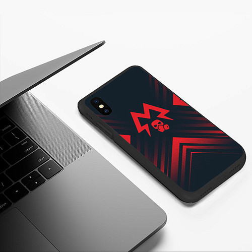 Чехол iPhone XS Max матовый Красный Символ Metro Exodus на темном фоне со стре / 3D-Черный – фото 3