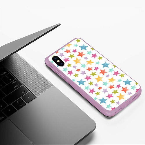 Чехол iPhone XS Max матовый Яркие и разноцветные звезды / 3D-Сиреневый – фото 3