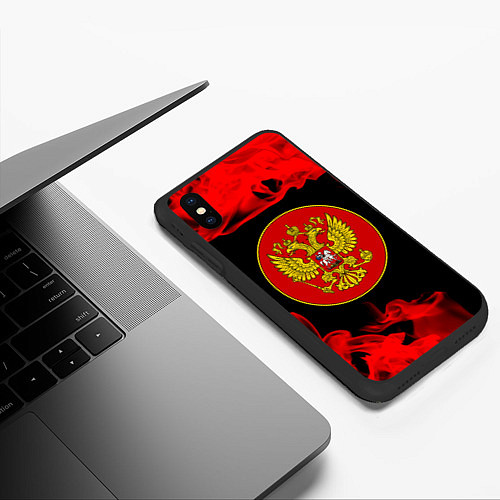 Чехол iPhone XS Max матовый RUSSIA - ГЕРБ - Пламя / 3D-Черный – фото 3