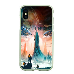 Чехол iPhone XS Max матовый Stellaris космические корабли на фоне башни, цвет: 3D-салатовый