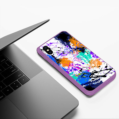 Чехол iPhone XS Max матовый Брызги и мазки разноцветных красок на белом фоне / 3D-Фиолетовый – фото 3
