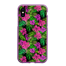 Чехол iPhone XS Max матовый Тропические листья и цветы на черном фоне