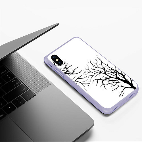 Чехол iPhone XS Max матовый Черные ветки деревьев на белом фоне / 3D-Светло-сиреневый – фото 3