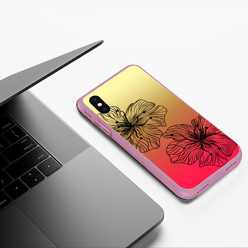 Чехол iPhone XS Max матовый Черные абстрактные цветы на красно-желтом градиент / 3D-Розовый – фото 3