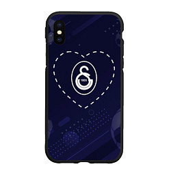 Чехол iPhone XS Max матовый Лого Galatasaray в сердечке на фоне мячей, цвет: 3D-черный