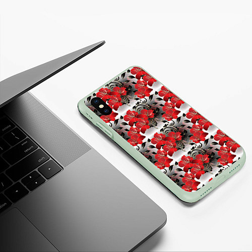 Чехол iPhone XS Max матовый Красные абстрактные цветы / 3D-Салатовый – фото 3