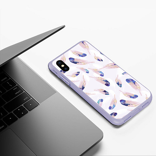 Чехол iPhone XS Max матовый Разноцветные Падающие Перья / 3D-Светло-сиреневый – фото 3