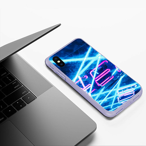 Чехол iPhone XS Max матовый Неоновые лучи и буквы - Голубой / 3D-Светло-сиреневый – фото 3