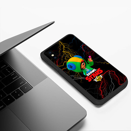 Чехол iPhone XS Max матовый Brawl Stars Leon Молнии / 3D-Черный – фото 3