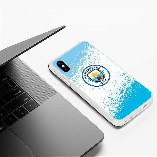 Чехол iPhone XS Max матовый Manchester голубые брызги на белом фоне / 3D-Белый – фото 3