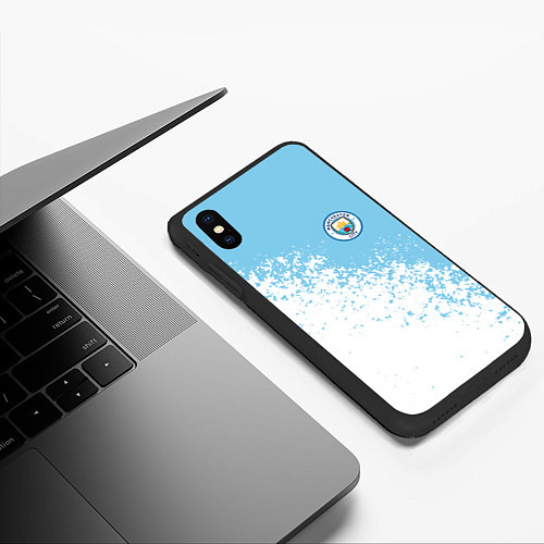 Чехол iPhone XS Max матовый Manchester city белые брызги на голубом фоне / 3D-Черный – фото 3