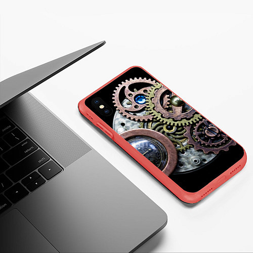 Чехол iPhone XS Max матовый Mechanism of gears in Steampunk style / 3D-Красный – фото 3