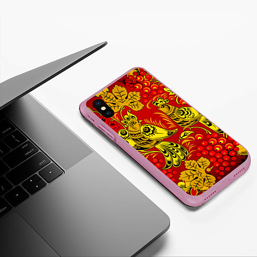 Чехол iPhone XS Max матовый Хохломская Роспись Две Птици На Красном Фоне / 3D-Розовый – фото 3