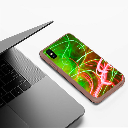 Чехол iPhone XS Max матовый Неоновые линии и фонари - Зелёный / 3D-Коричневый – фото 3