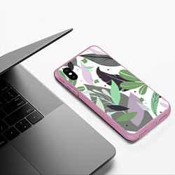 Чехол iPhone XS Max матовый Зелёные, серые, голубые, сиреневые листья на белом, цвет: 3D-розовый — фото 2
