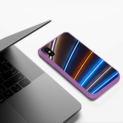 Чехол iPhone XS Max матовый Неоновые фонари на линиях - Голубой и оранжевый / 3D-Фиолетовый – фото 3