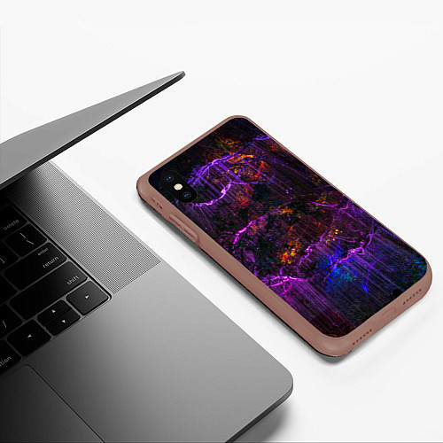 Чехол iPhone XS Max матовый Неоновые лучи и листья - Фиолетовый / 3D-Коричневый – фото 3