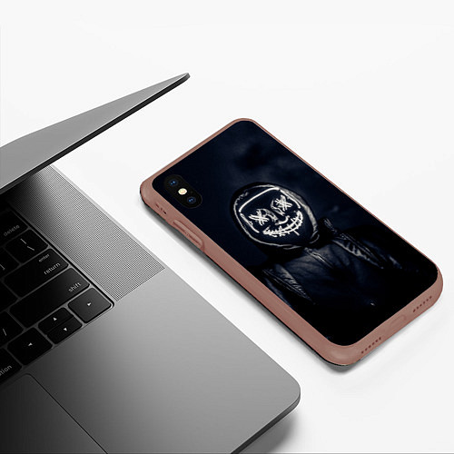 Чехол iPhone XS Max матовый Неоновая маска анонимуса - Белый / 3D-Коричневый – фото 3
