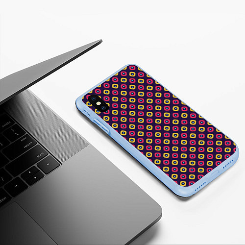 Чехол iPhone XS Max матовый Желто-бордовые кружки паттерн / 3D-Голубой – фото 3