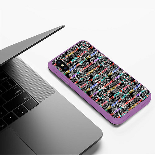 Чехол iPhone XS Max матовый Листья монстеры на черном в полоску / 3D-Фиолетовый – фото 3