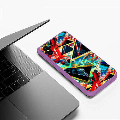 Чехол iPhone XS Max матовый Яркий абстрактный узор с неоновыми штрихами / 3D-Фиолетовый – фото 3
