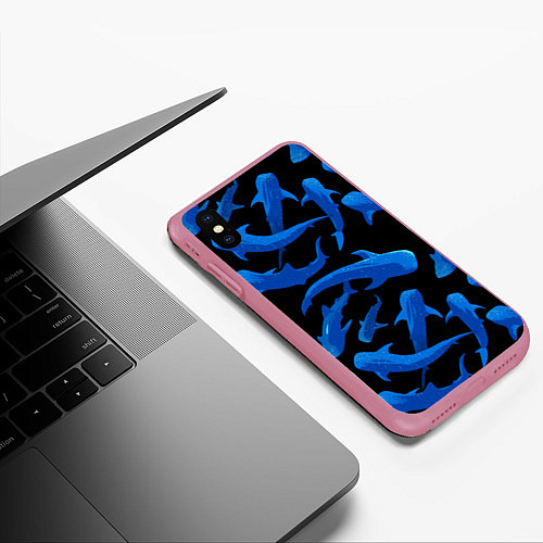 Чехол iPhone XS Max матовый Стая акул - паттерн / 3D-Малиновый – фото 3