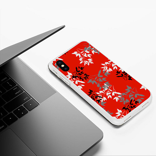 Чехол iPhone XS Max матовый Черные и серые ветки на красном фоне в японском ст / 3D-Белый – фото 3