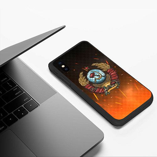 Чехол iPhone XS Max матовый Герб СССР на фоне огня / 3D-Черный – фото 3