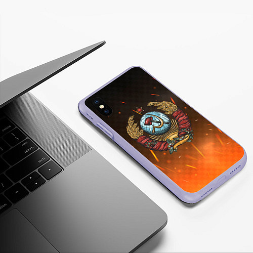 Чехол iPhone XS Max матовый Герб СССР на фоне огня / 3D-Светло-сиреневый – фото 3