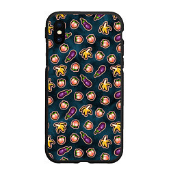 Чехол iPhone XS Max матовый Баклажаны персики бананы паттерн, цвет: 3D-черный