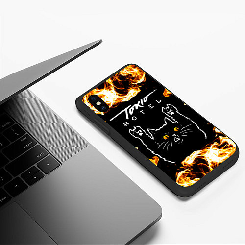 Чехол iPhone XS Max матовый Tokio Hotel рок кот и огонь / 3D-Черный – фото 3