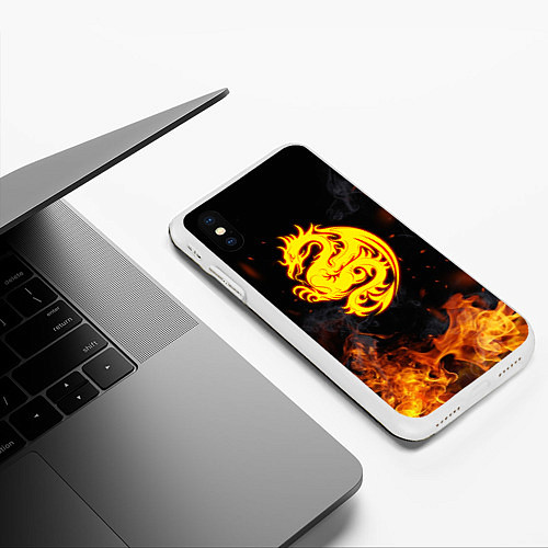 Чехол iPhone XS Max матовый Огнедышащий дракон и пламя / 3D-Белый – фото 3