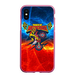 Чехол iPhone XS Max матовый Extreme motocross: мотоциклист на фоне огня, цвет: 3D-малиновый